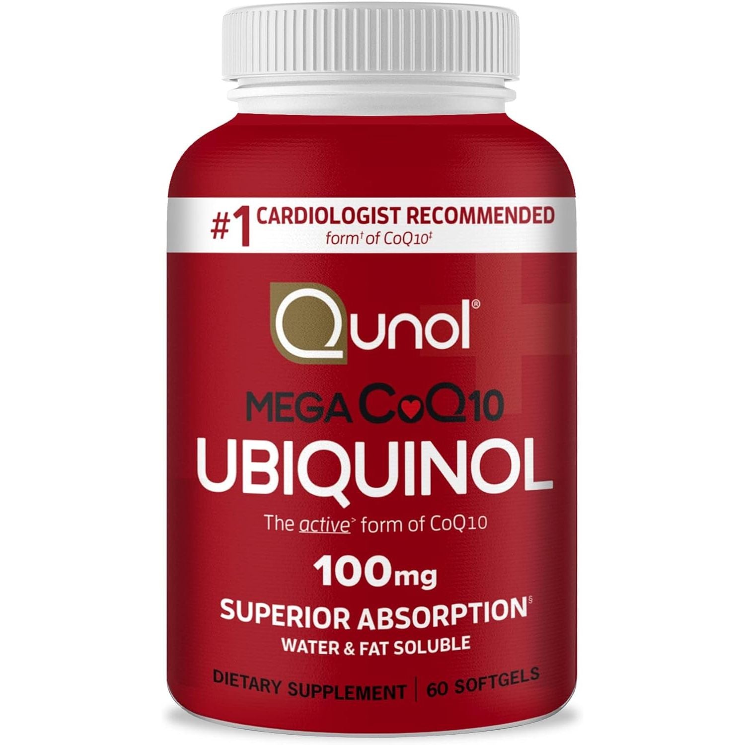 Qunol Mega Ubiquinol Coq10 100Mg, Superior Absorption, Patented Water and Fat Soluble Natural Supplement Form of C0Q10, Antioxidant for Heart Health, 60 Count Softgels
