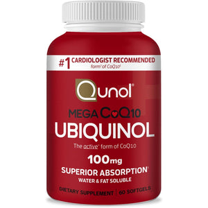 Qunol Mega Ubiquinol Coq10 100Mg, Superior Absorption, Patented Water and Fat Soluble Natural Supplement Form of C0Q10, Antioxidant for Heart Health, 60 Count Softgels