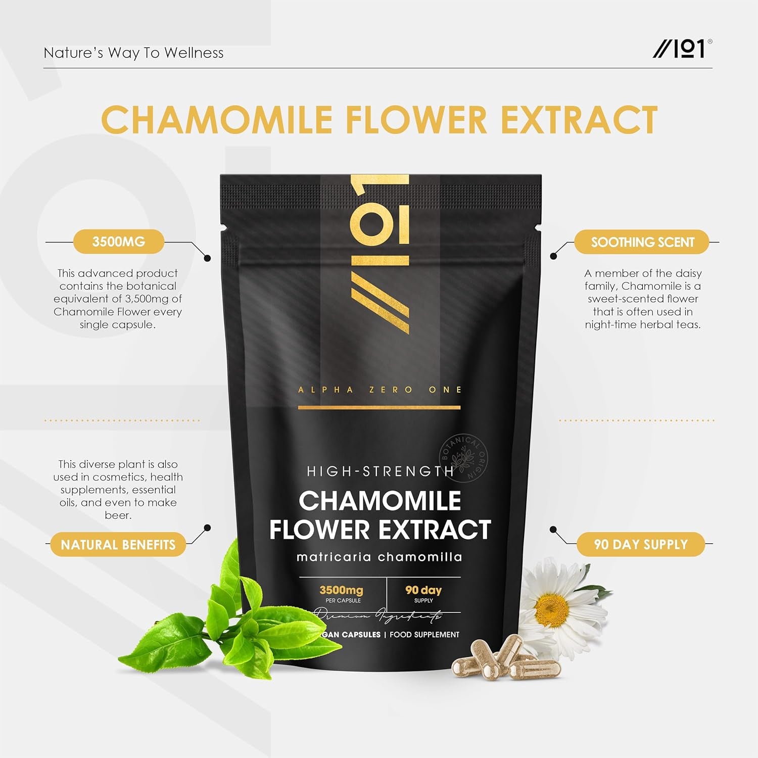 Chamomile Flower Extract 3500Mg - 90 Vegan Capsules – High Strength 7:1 Chamomile Supplement – 3 Months Supply - Resealable and Recyclable Pouch by Alpha01