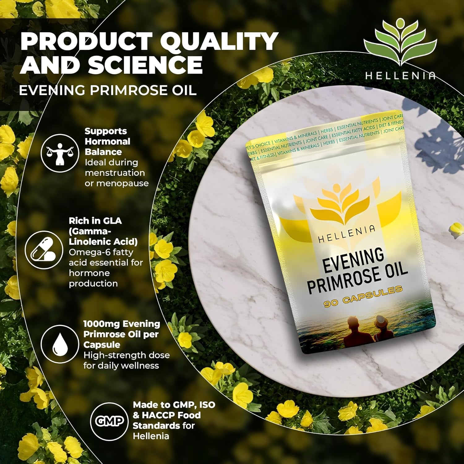 Evening Primrose Oil 1000Mg Capsules | High in Omega 6 Valuable | Pure Cold Pressed | 90 Capsules - Supplement for Women'S Health | High Strength Evening Primrose Oil - Made for Hellenia