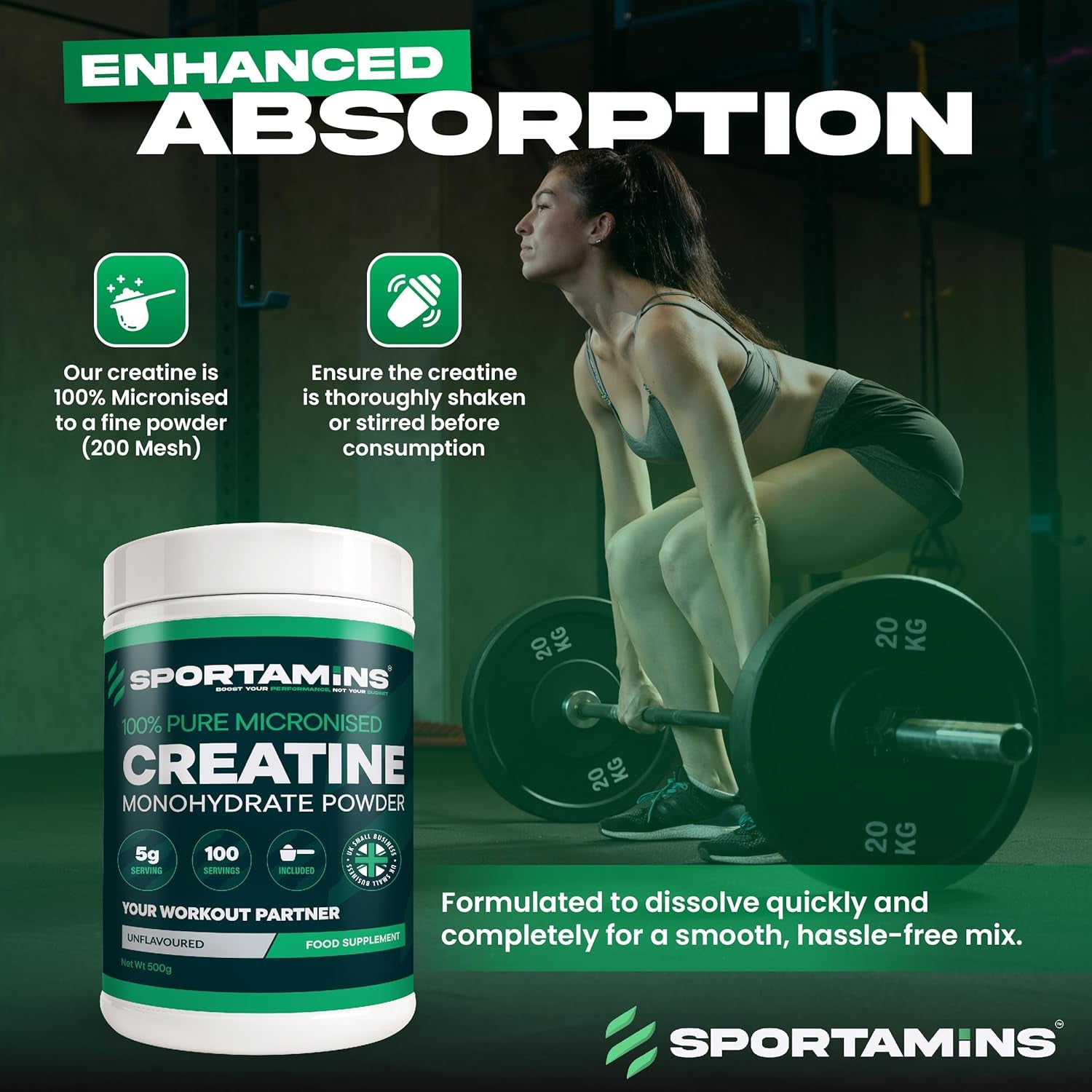 SPORTAMINS Creatine Monohydrate Powder 500G – 100% Pure Micronised Creatine Monohydrate – Unflavoured, 100 Servings – Muscle Growth, Strength & Recovery – Vegan, GMP Certified, Non-Gmo Supplement