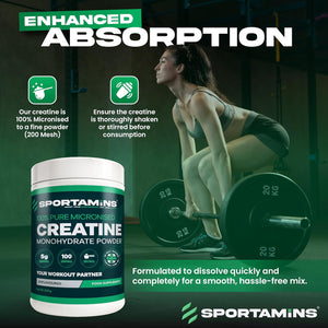 SPORTAMINS Creatine Monohydrate Powder 500G – 100% Pure Micronised Creatine Monohydrate – Unflavoured, 100 Servings – Muscle Growth, Strength & Recovery – Vegan, GMP Certified, Non-Gmo Supplement