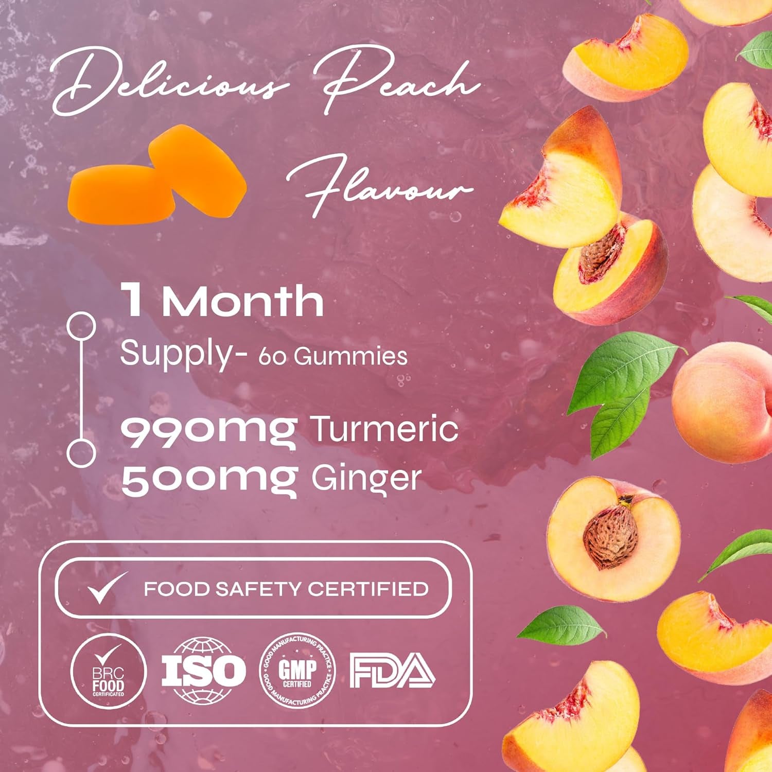 Known Tasty Turmeric & Ginger Gummies by Known Nutrition - 990Mg Turmeric & 500Mg Ginger - Natural Peach Flavour - 60 Vegan Gummies, 1 Month Supply