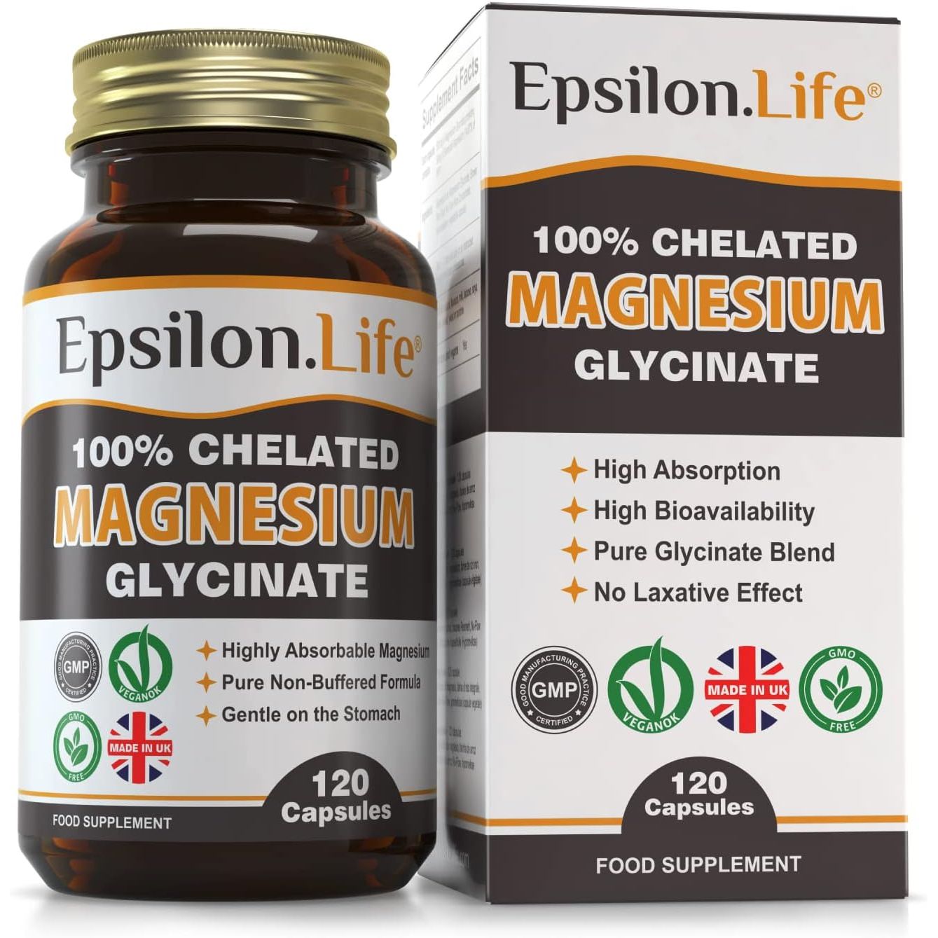 Epsilon Magnesium Glycinate Supplements - Chelated Mg Bisglycinate Supplement - 120 Easy to Take Vegan Capsules - 500Mg Unbuffered Magnesium-Glycinate per Capsule - Uk-Made