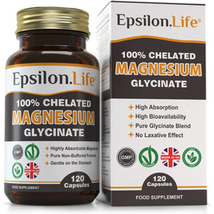 Epsilon Magnesium Glycinate Supplements - Chelated Mg Bisglycinate Supplement - 120 Easy to Take Vegan Capsules - 500Mg Unbuffered Magnesium-Glycinate per Capsule - Uk-Made