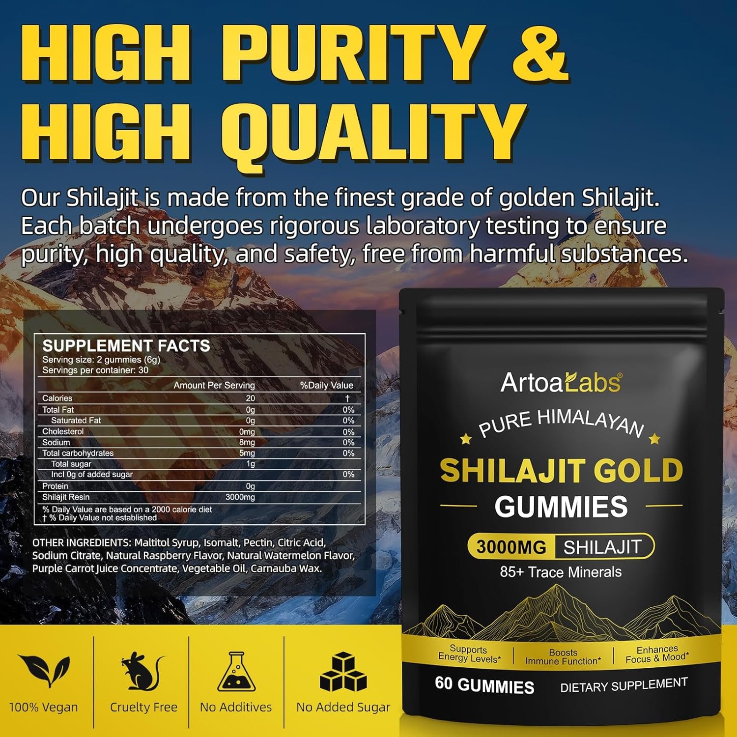 3000Mg Shilajit Gummies, Pure Himalayan Shilajit Gold Gummies for Men Women, 85+ Trace Minerals Rich in Ashwagandha, Gokshura Supports Energy Levels, Boosts Immune Function, 60 Gummes (1)