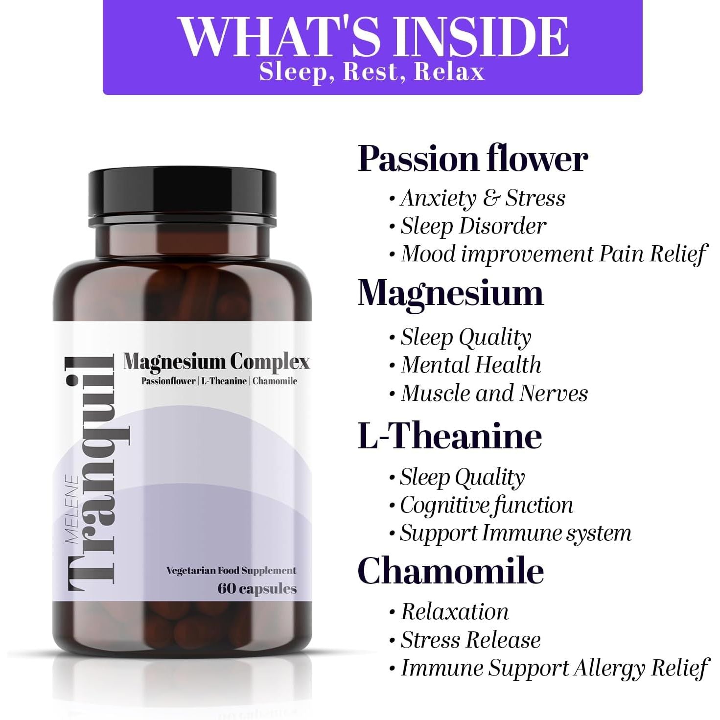 Melene Magnesium Complex with Chamomile, Passion Flower and L-Theanine 60 Capsules. Sleep, Anxiety and Rest Aid. High Strength Bisglycinate (250Mg Elemental)