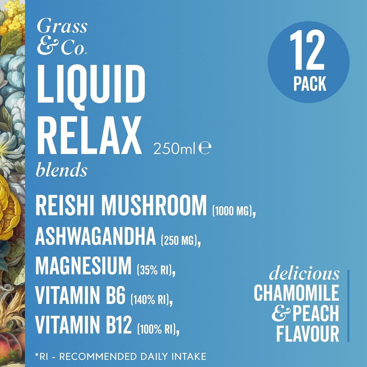 Grass & Co. Nootropics Drinks with Magnesium, Ashwagandha, Vitamin B12, Vitamin B6, Reishi Mushroom & More | Liquid Relax | Chamomile & Peach | Lightly Sparkling | Vegan | 12 X 250Ml Cans