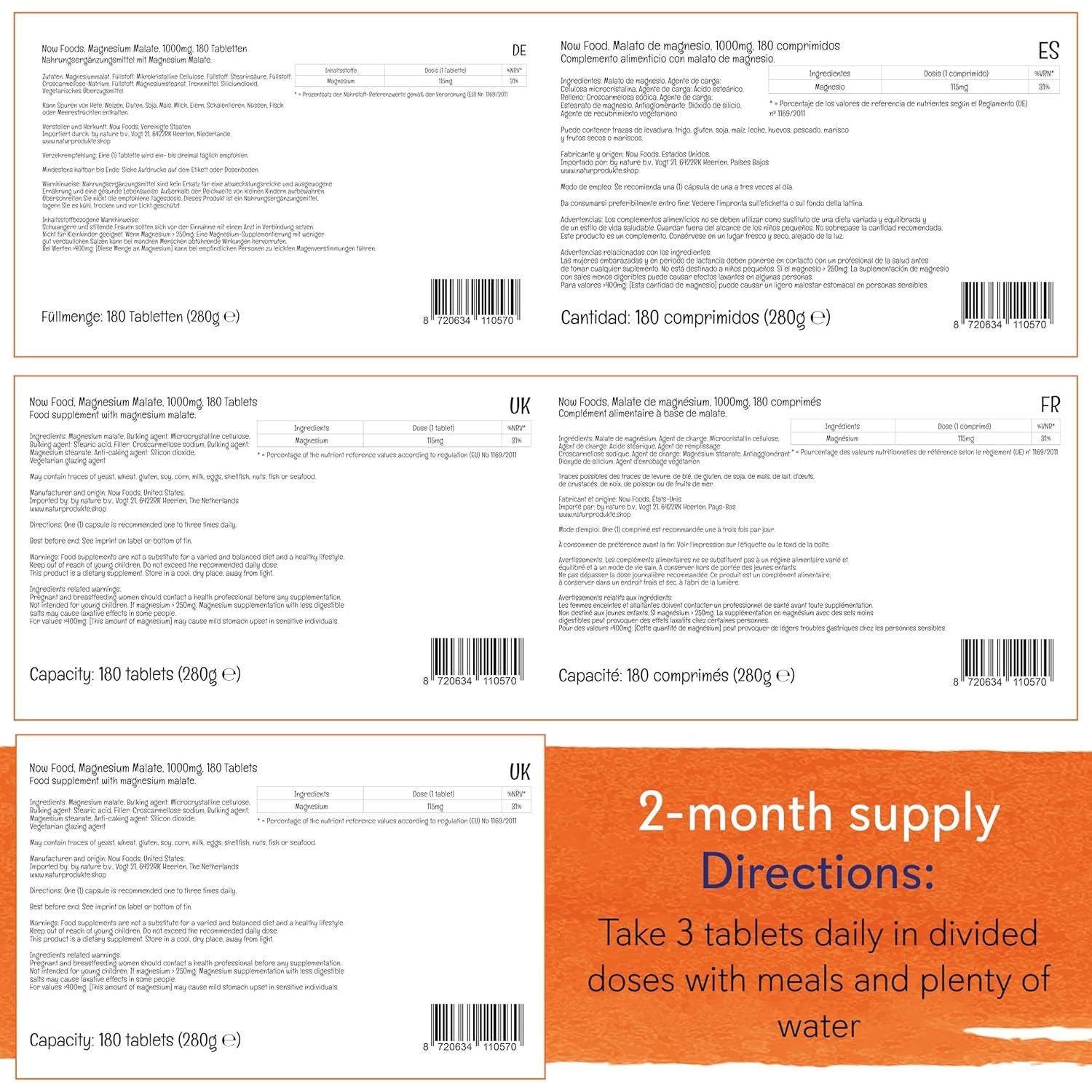 Now Foods, Magnesium Malate, 1,000Mg, 180 Vegan Tablets, Lab-Tested, Gluten Free, Soy Free, Vegetarian
