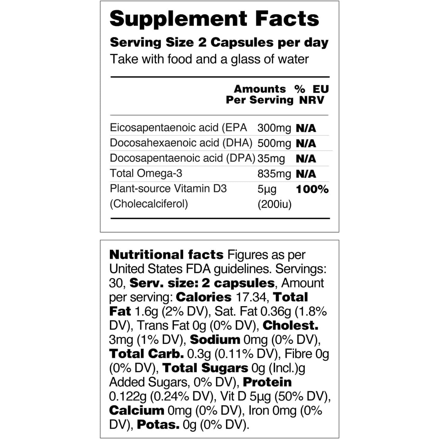 Vegetology, Vegan Omega 3 Capsules High Strength, 800Mg of EPA DHA from Algae Oil, with Added Vitamin D3, Supports Heart, Brain Function and Eye Health, 60 Capsules, UK Made