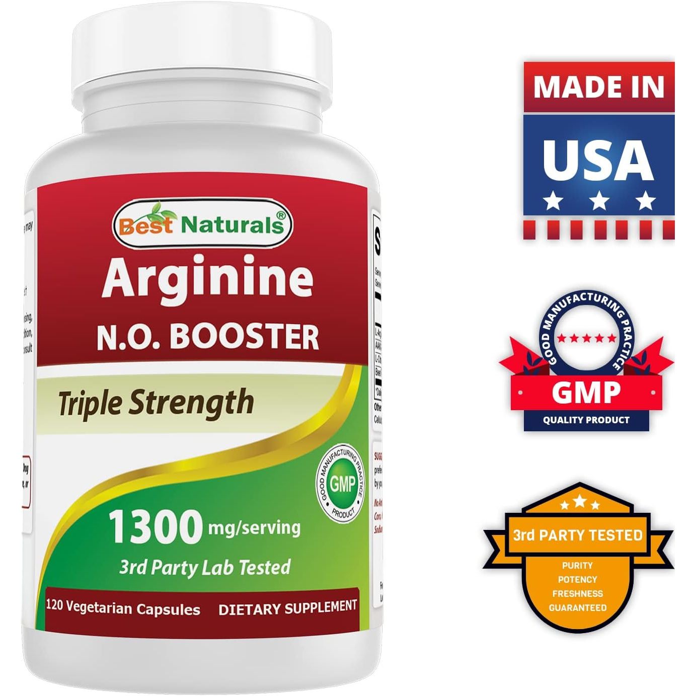 Best Naturals L-Arginine NO Booster Triple Strength 1300 Mg Serving 120 Veg Capsules (120 Count (Pack of 1))