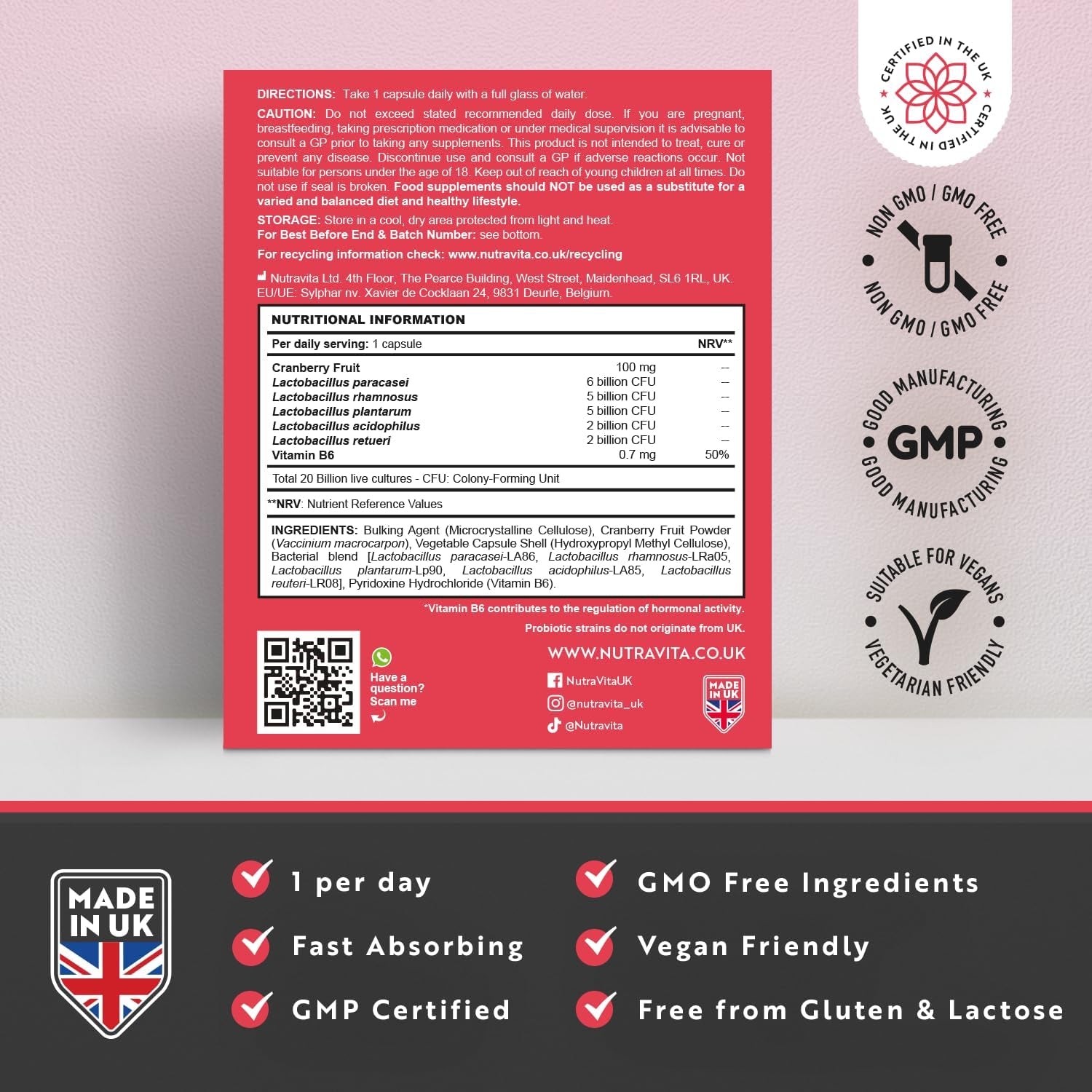 Probiotics for Women - Formulated Bio Cultures for Women’S Intimate Flora - 20 Billion CFU with 5 Live Strains and Vitamin B6 and Cranberry to Support Female Health - 30 Capsules - Nutravita