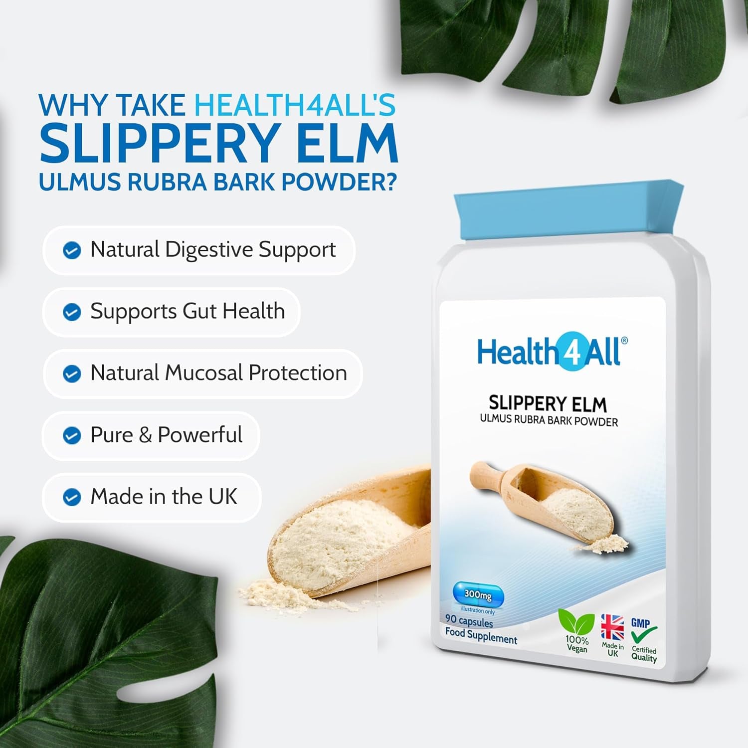 Health4All Slippery Elm 300Mg 90 Capsules, Digestive Health & Acid Reflux Support. Vegan Digestive Support Supplement, Slippery Elm Inner Bark Powder, Stomach Soothe, Gluten Free | Made in UK
