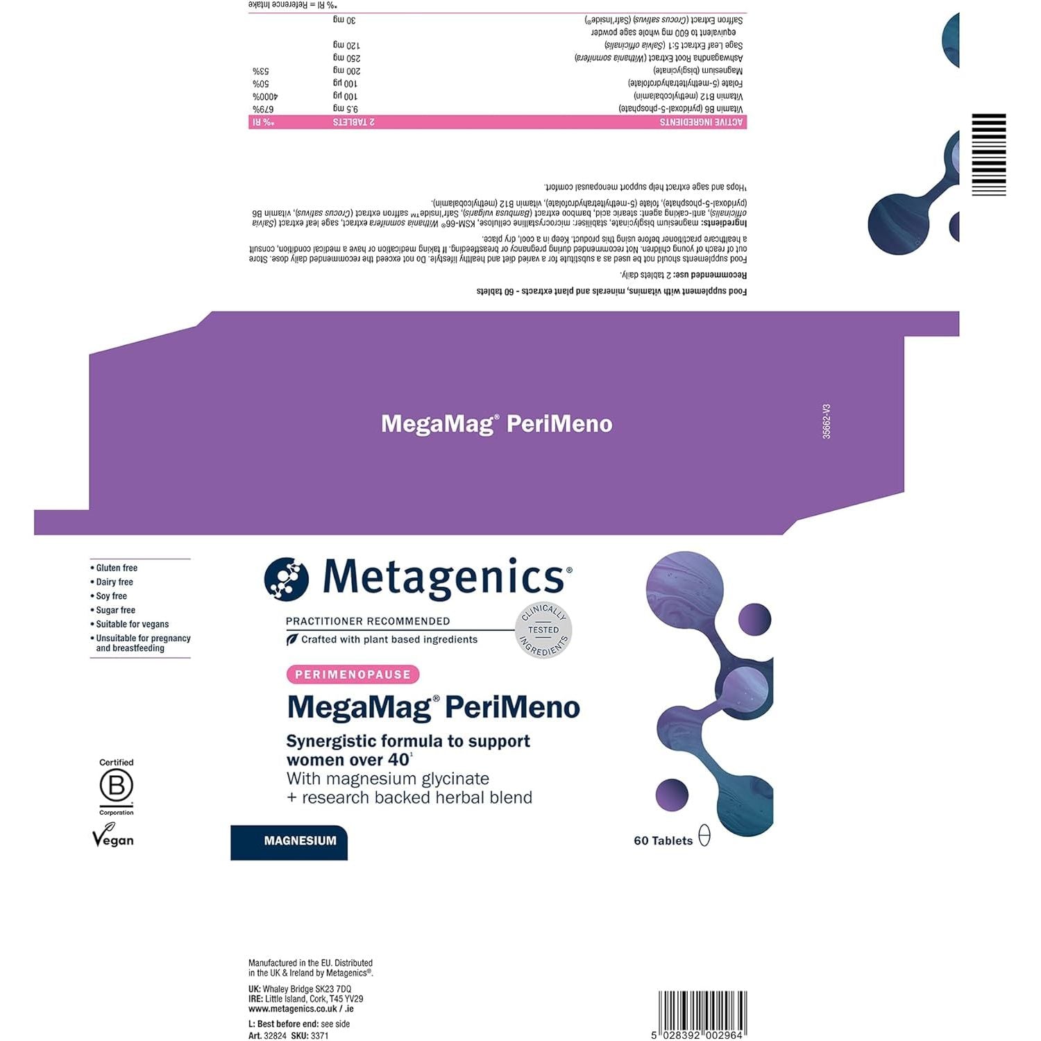 Metagenics Megamag Perimeno - with Vitamin B6 & B12, Magnesium Glycinate, Sage, Ashwagandha and Saffron - 60 Tablets