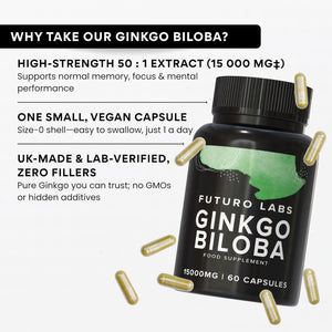 Ginkgo Biloba Capsules 15,000Mg - 60 Capsules (2 Months Supply) - Standardised Leaf Extract - High Strength, Vegan, Lab Tested & Gluten Free - Made in the UK