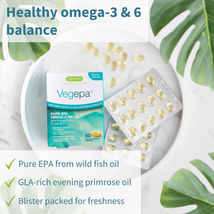 Vegepa, EPA Omega 3 & GLA Omega 6, Ultra Pure Wild Fish Oil & Evening Primrose Oil, 60, 560Mg EPA per Serving, 30 Servings, 60 Capsules, by Igennus