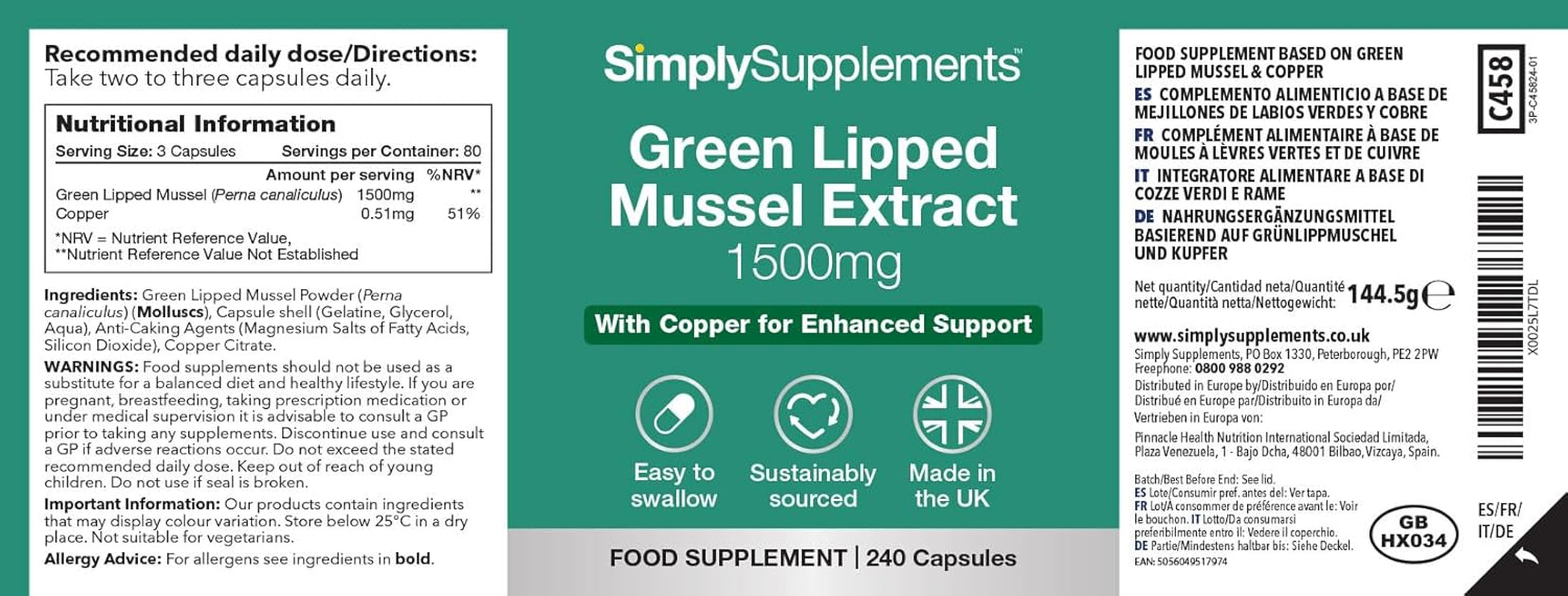 Green Lipped Mussel Capsules | 240 Capsules Providing 1500Mg of Support = 80 Days' Supply | High in Omega 3 Fats | Manufactured in the UK