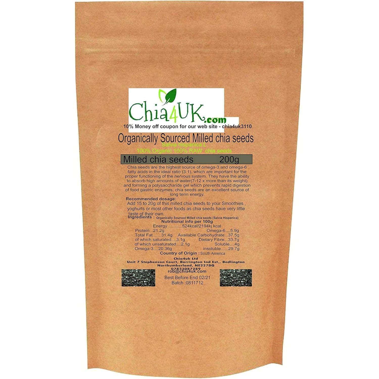 Chia4Uk Ltd Milled Chia Seed - 200G Keto Diet Bread Making Organic Ally Source in BIO DEGRADABLE COMPOSTABLE Pouch