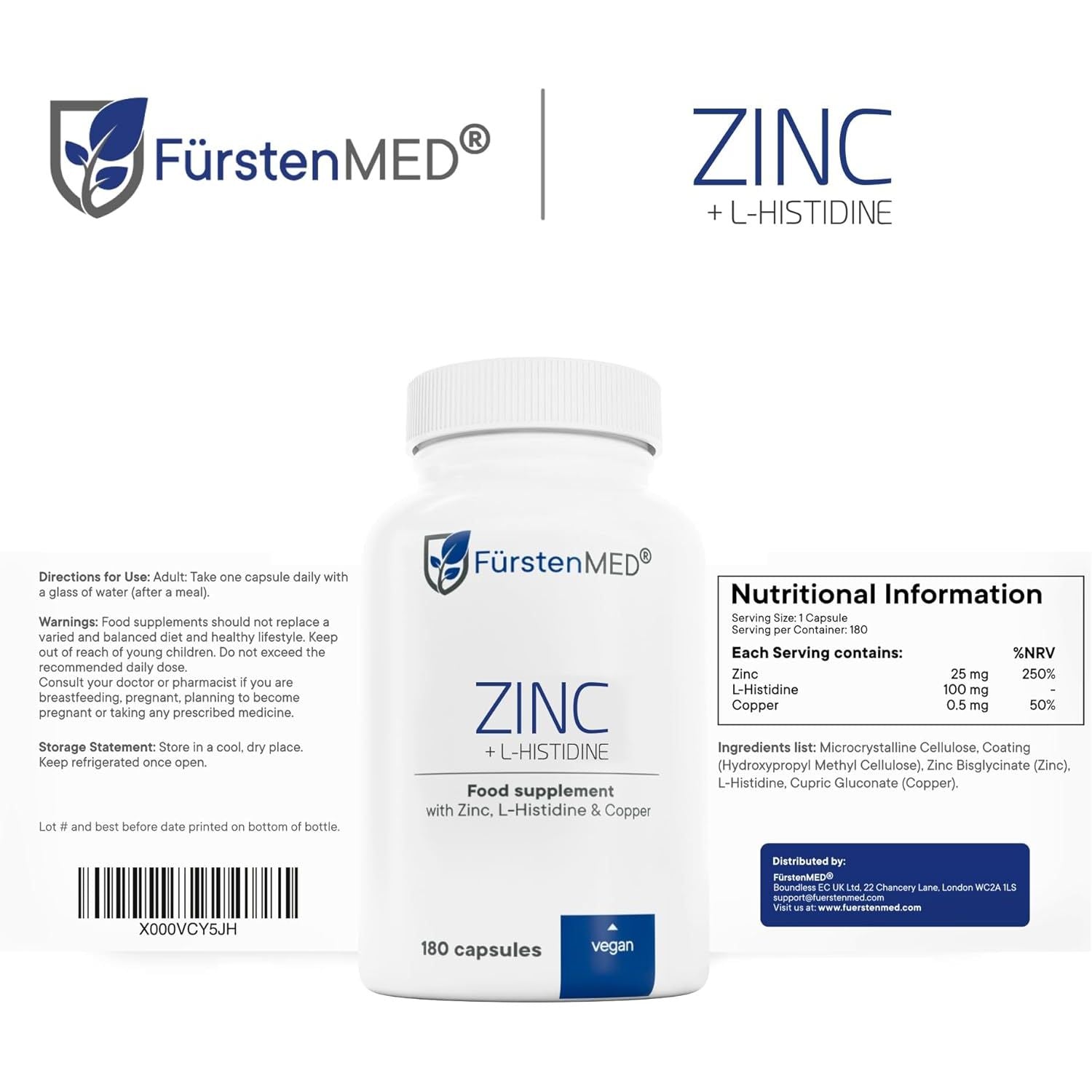 Fürstenmed® 180 Zinc Capsules - 25Mg of Pure Zinc-Bisglycinate with L-Histidine & Copper - Vegan & Additive-Free