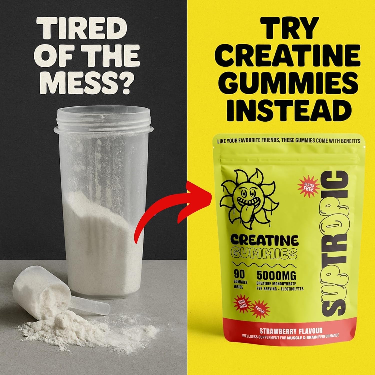 SUPTROPIC Creatine Monohydrate Gummies with Electrolytes – 5000Mg Creatine + Magnesium, Potassium & Vitamin D3 – Zero Sugar, Strawberry Flavor – 90 Gummies – Pre/Post Workout Muscle Support