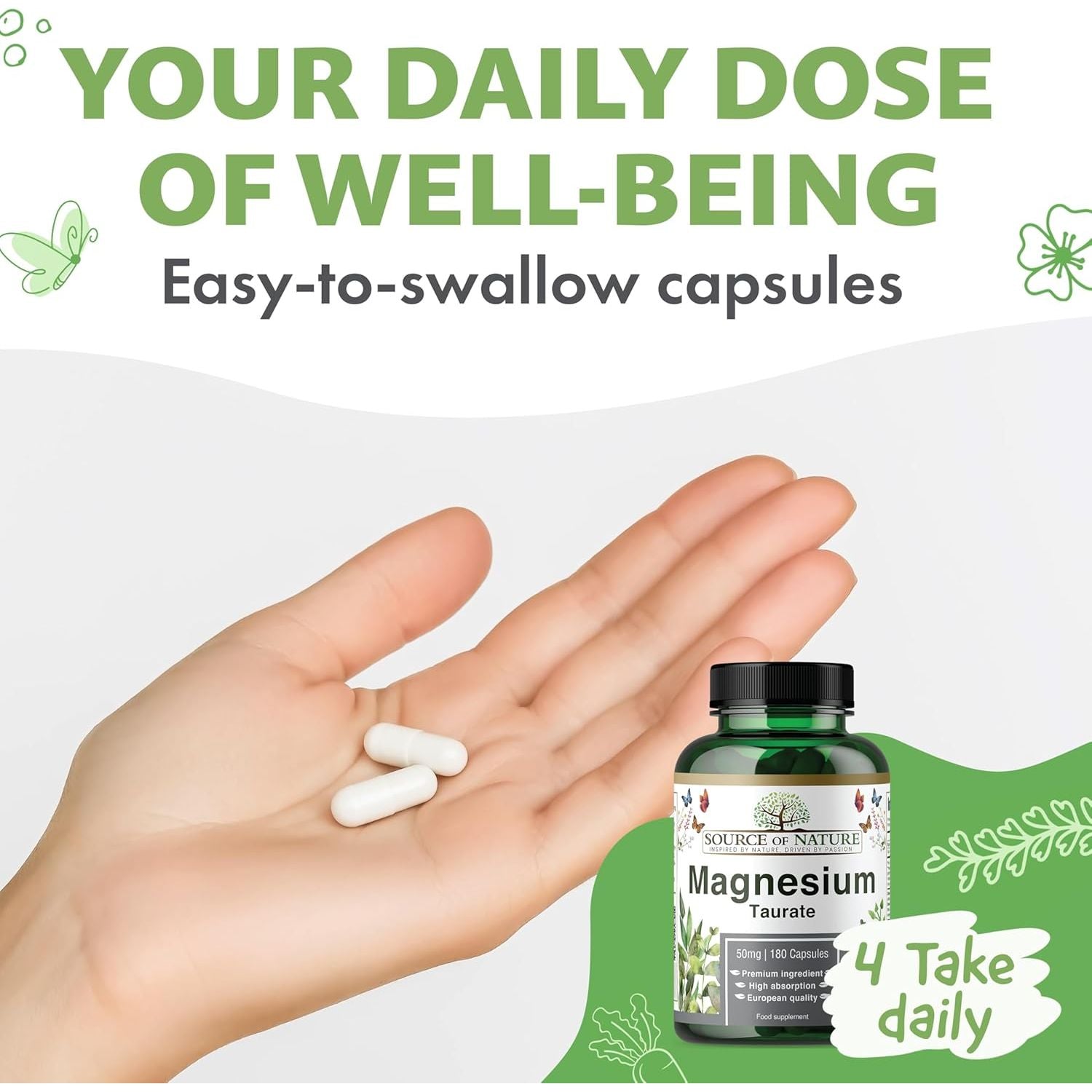 Source of Nature® | Magnesium Taurate 625Mg | 180 Capsules | 45-Day Supply | 50Mg Elemental | High Absorption | Gentle on Stomach | Lab-Tested Purity