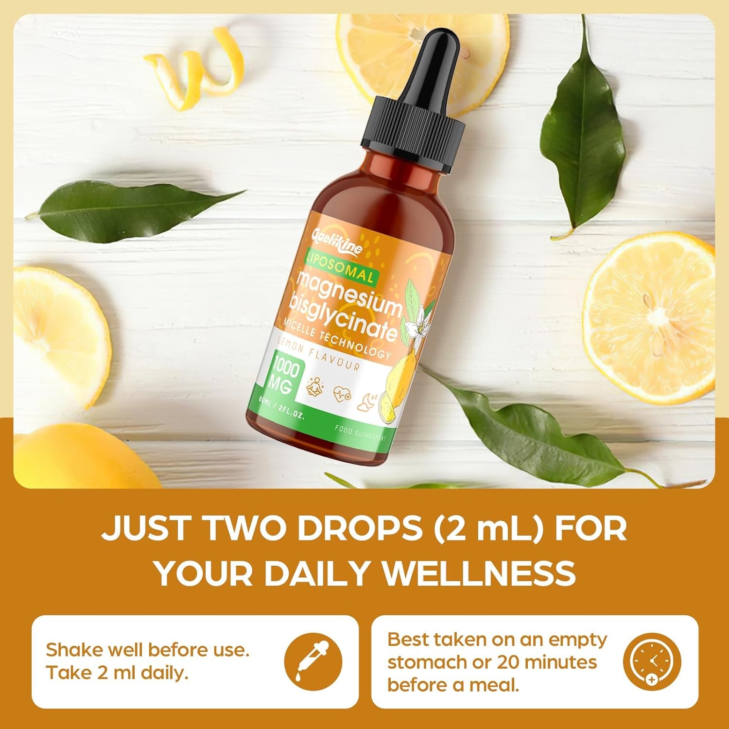 Magnesium Glycinate Liquid Drops 1000Mg – High Absorption Bisglycinate with Liposomal Micelle Technology, Vegan, Stomach-Friendly, Lemon Flavour, 60Ml