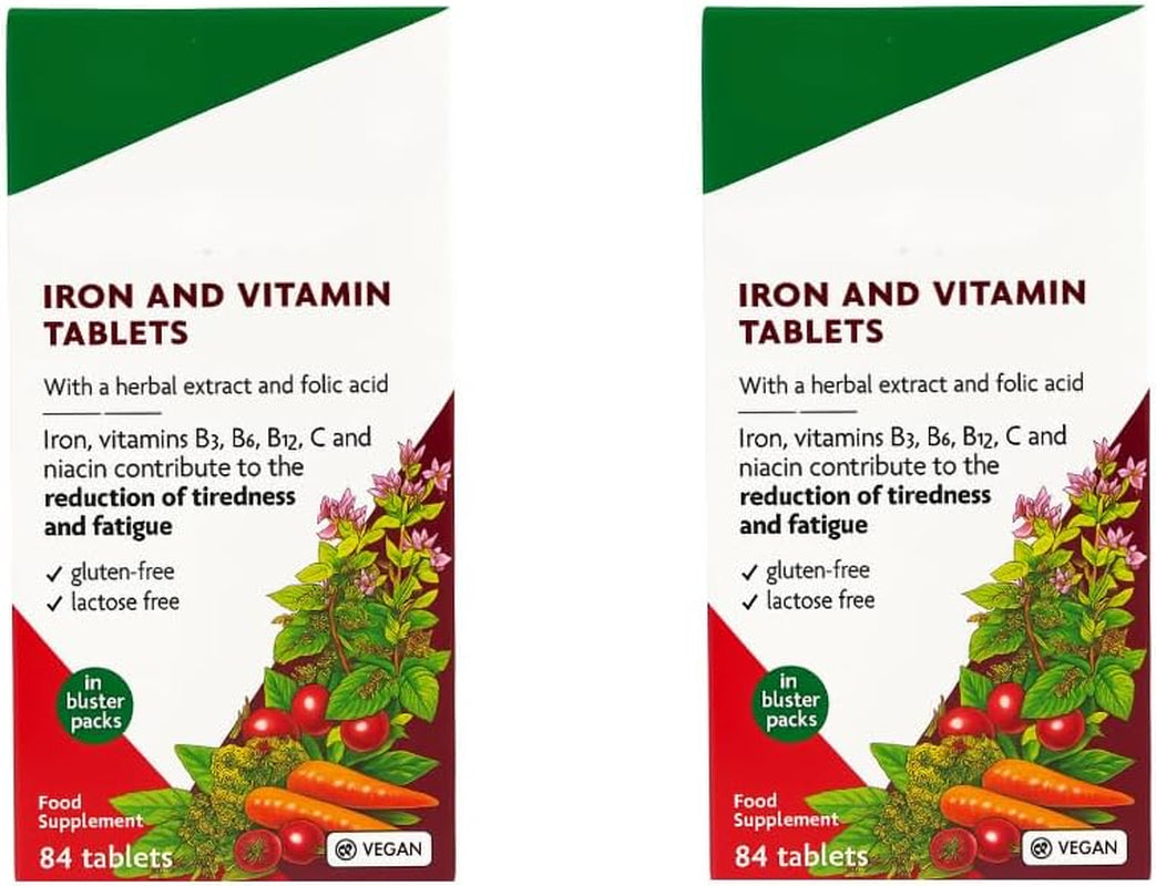 Flora Iron and Vitamin Supplement, Gluten-Free, Lactose-Free - 84 Vegan Tablets (Pack of 2) 168 in Total