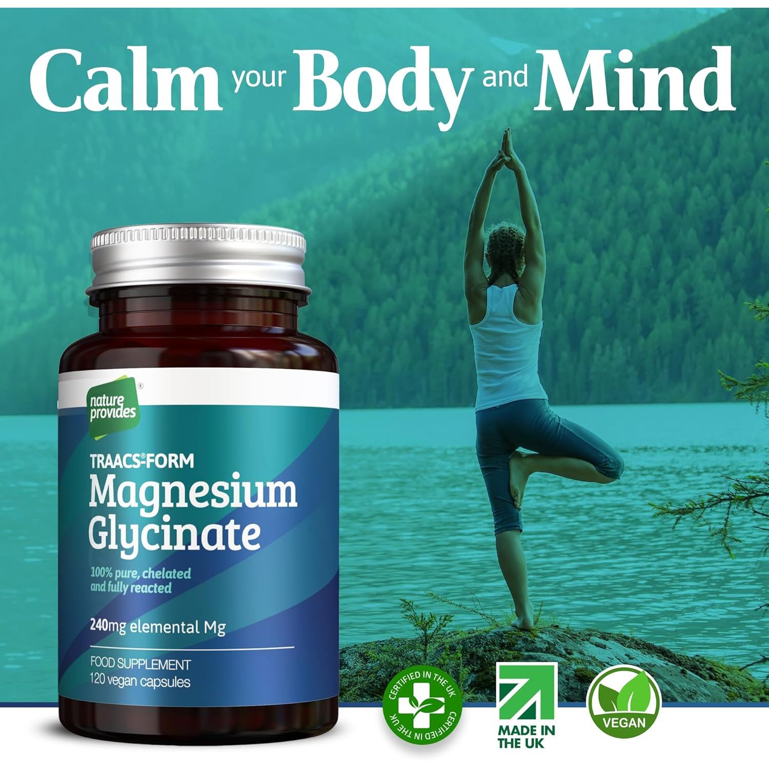 Magnesium Glycinate TRAACS (Bisglycinate) 240Mg - 120 Vegan Capsules, 100% Pure, No Fillers/Buffers, Chelated, Highly Bioavailable, Muscle & Sleep Support, Stress Relief, UK Made by Nature Provides
