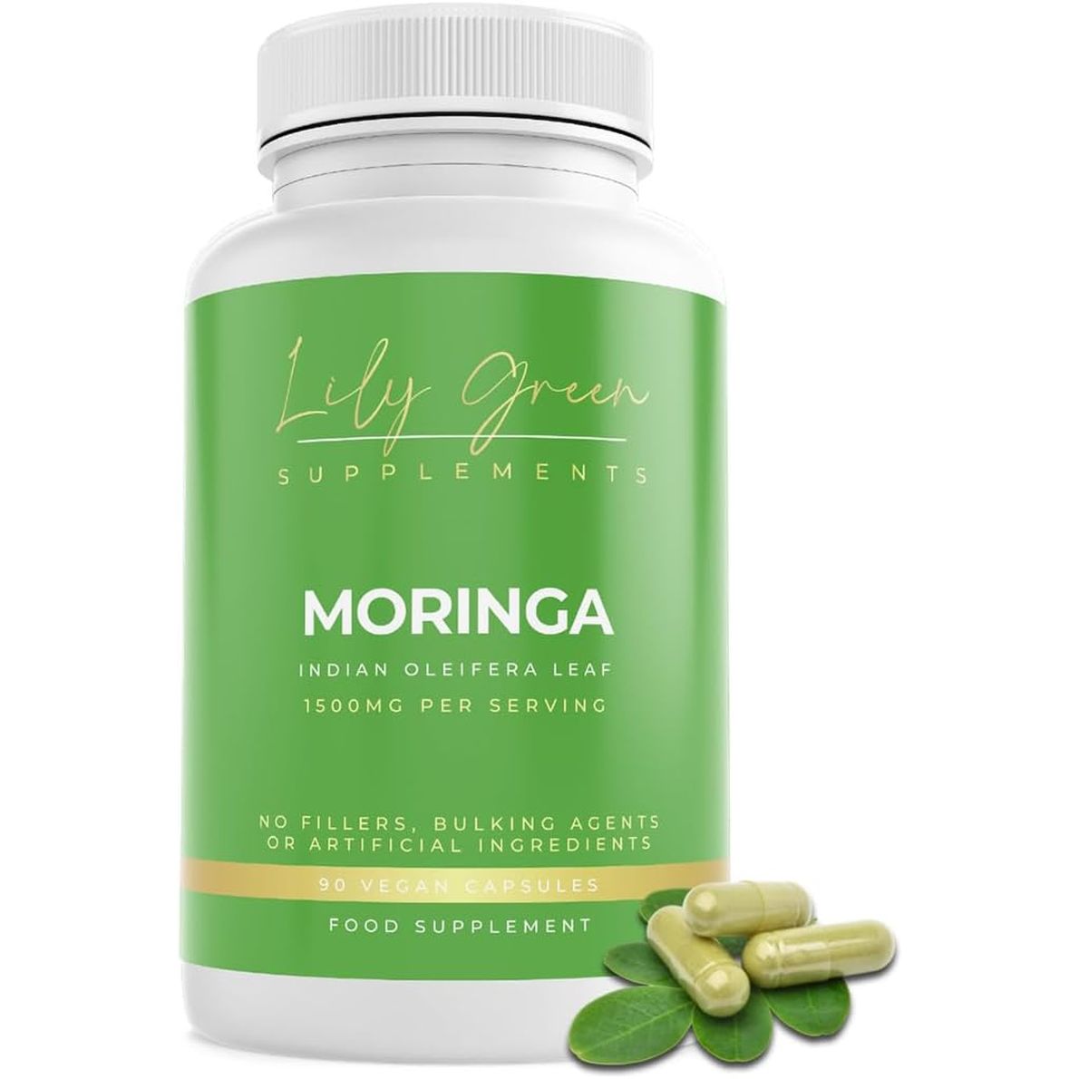 Lily Green Organic Moringa Capsules | 1500Mg per Serving Amino Acid Supplements | Rich in Vitamins, Calcium, Iron, Potassium & Antioxidants | No Artificial Additives | 90 Vegan Capsules | Made in UK
