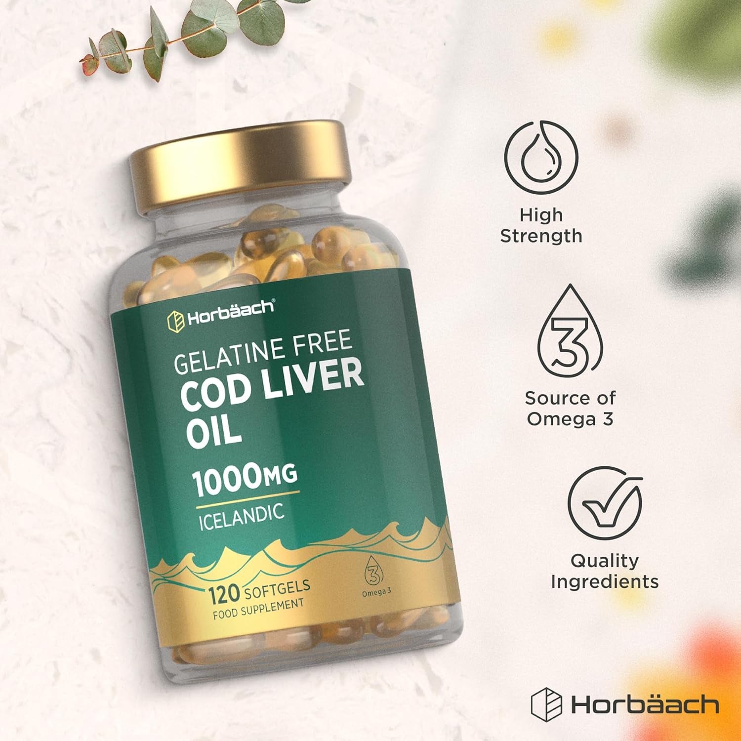 Cod Liver Oil Gelatine Free 1000Mg | 120 Capsules | High Strength Supplement with Vitamin A, D and Omega 3 DHA/EPA | Suitable for Pescatarians | by Horbaach