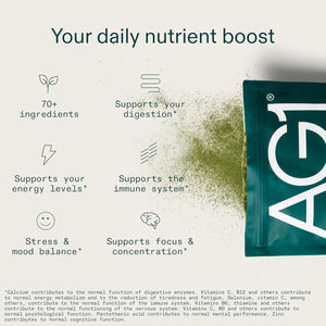 AG1 Greens Powder Supplement | Daily Nutrient Boost: Vitamins, Minerals, Gut-Friendly Bacteria, Gluten Free, Vegan and Keto Friendly | 70+ Ingredients by AG1 Athletic Green