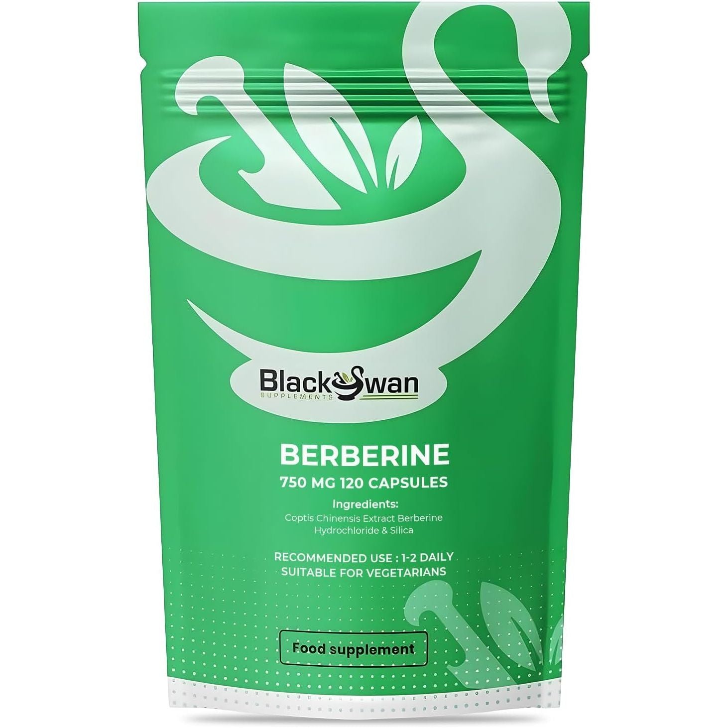 Black Swan Berberine Supplement 750Mg Capsules - Pure Berberine HCL High Strength Supplement - Berberine Weight Loss Vegan Formulated Capsule Anti-Oxidant and Anti-Inflammatory - 120 Capsules