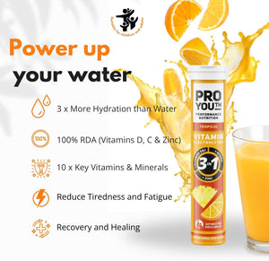 Proyouth Electrolytes Tablets with Vitamins for Kids and Adults - Hydration & Rehydration Tablets with Electrolytes, Vitamins and Minerals - No Caffeine, No Sugar | 20 Tablets Tropical | Pack of 1