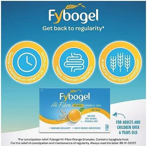 Fybogel Hi Fibre Sachets Orange Flavour 30 Pack - Natural Digestive Support, Gentle Constipation Relief, High Fiber Supplement, Easy Mix Powder, Daily Gut Health, Vegan Friendly