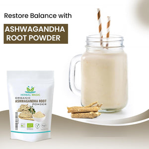 Herbal Magic'S Organic Ashwagandha Root Powder - Rich Flavoured Smoothies, Shakes, Juices, Baking, Soups - Free from Fillers & Preservatives - Of&G UK Organic Certified - 100G
