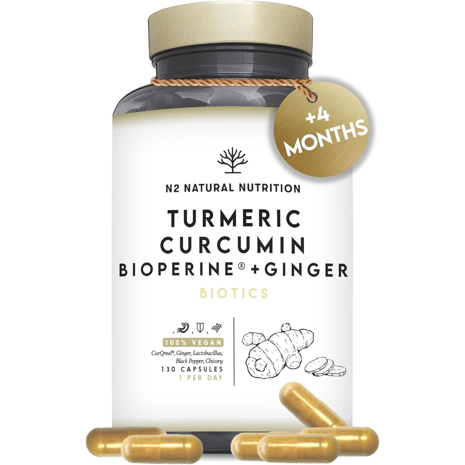 Turmeric 10.000 Mg Curcumin 95% with Black Pepper Bioperine®, Probiotics 2 Billion UFC & Ginger, 130 Days of Curqreal®, Prebiotics, Anti-Inflamatory, Antioxidant, N2 Natural Nutrition