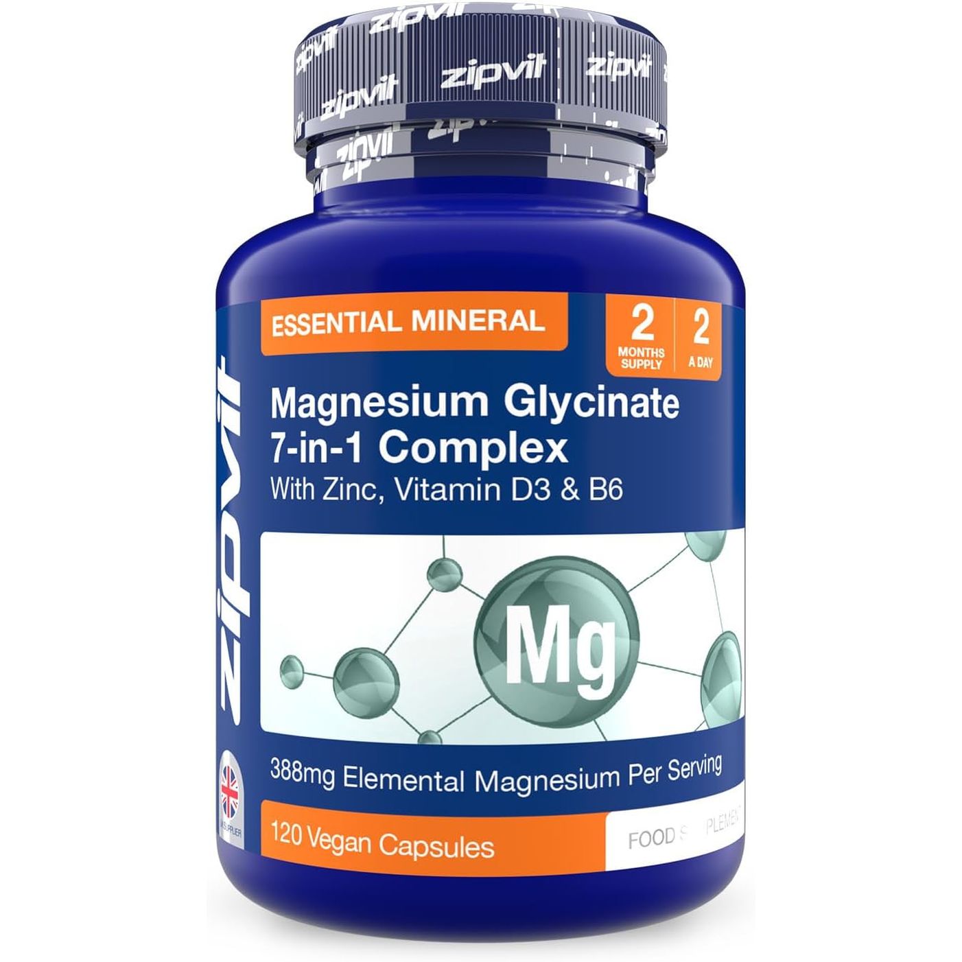 Zipvit Magnesium Glycinate 7-In-1 Complex, 1800Mg with 388Mg Elemental, High Absorption with Bisglycinate, Malate, Citrate, Oxide, plus Vitamin D3, B6 & Zinc, 120 Capsules, Vegan Magnesium Supplements