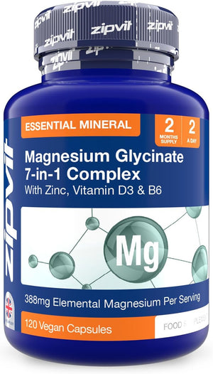 Zipvit Magnesium Glycinate 7-In-1 Complex, 1800Mg with 388Mg Elemental, High Absorption with Bisglycinate, Malate, Citrate, Oxide, plus Vitamin D3, B6 & Zinc, 120 Capsules, Vegan Magnesium Supplements