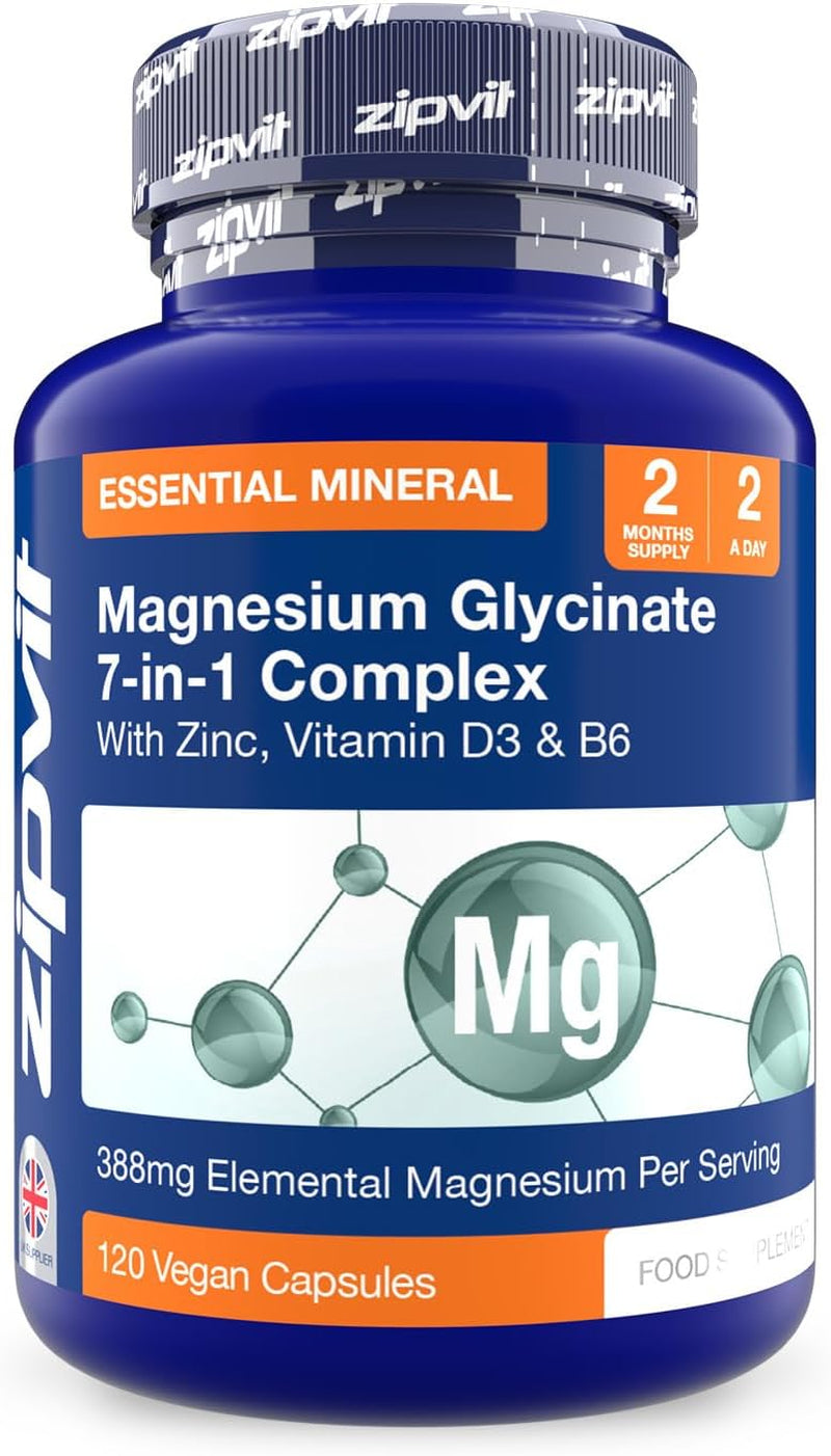Zipvit Magnesium Glycinate 7-In-1 Complex, 1800Mg with 388Mg Elemental, High Absorption with Bisglycinate, Malate, Citrate, Oxide, plus Vitamin D3, B6 & Zinc, 120 Capsules, Vegan Magnesium Supplements