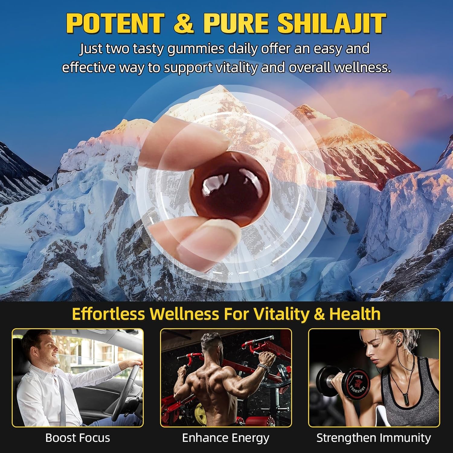 3000Mg Shilajit Gummies, Pure Himalayan Shilajit Gold Gummies for Men Women, 85+ Trace Minerals Rich in Ashwagandha, Gokshura Supports Energy Levels, Boosts Immune Function, 60 Gummes (1)