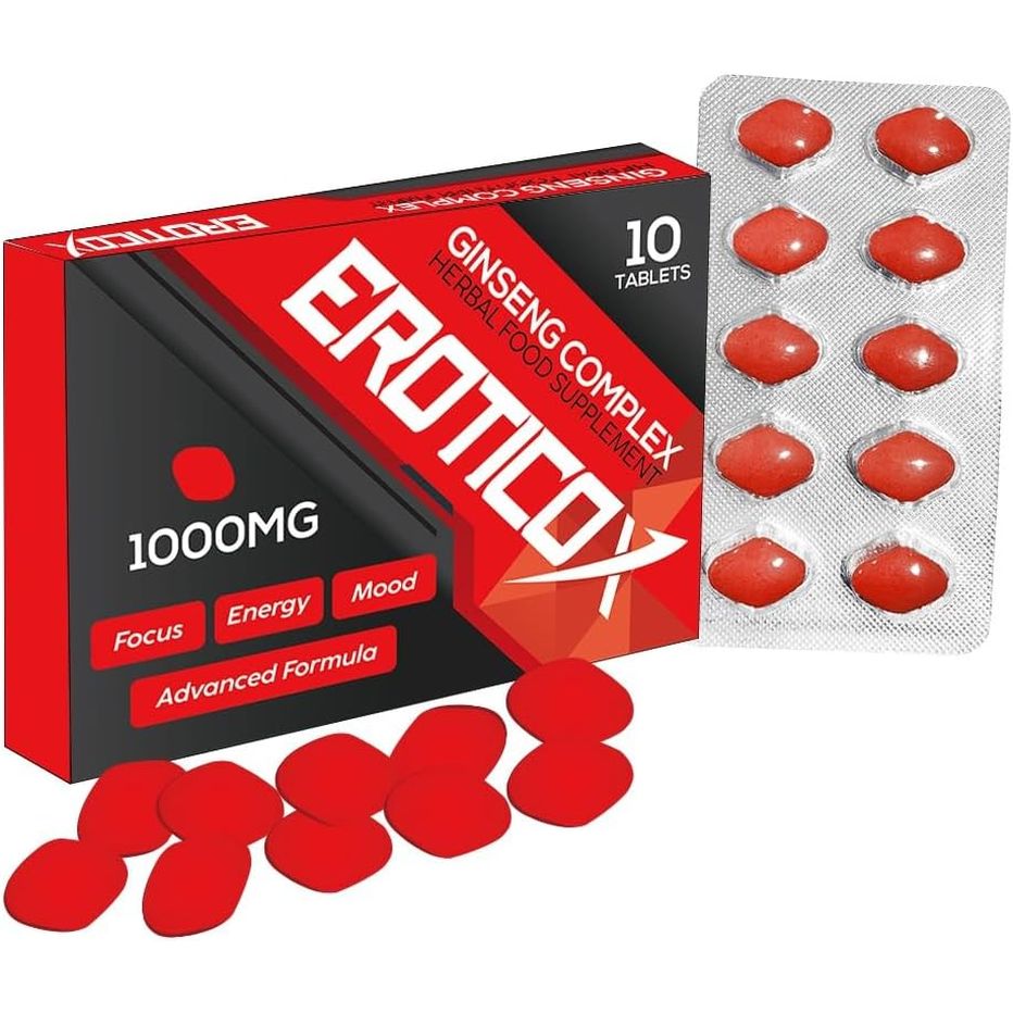 EROTICOX RED 1000Mg | Stronger | Longer | Harder | Performance | Extra Strength Enhancing Pills, Stamina Endurance Booster Supplement Pills for Men | 10 Ginseng Tablets