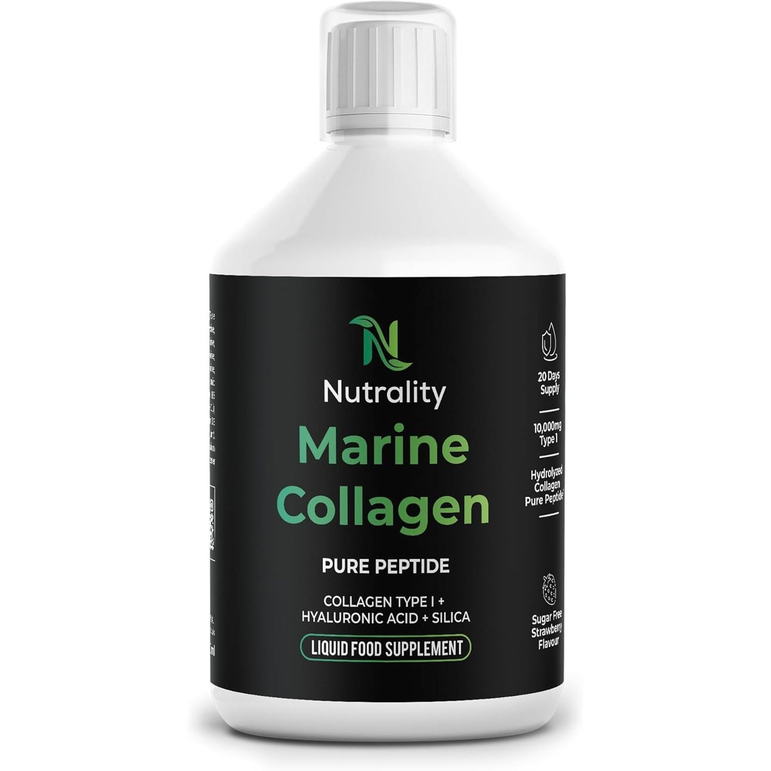 Nutrality High Strength 10,000Mg Marine Collagen for Skin, Hair, Nails and Joints | Hydrolysed Collagen Pure Peptides Drink Infused Hyaluronic Acid | Vitamin C, D and Biotin, Sugar Free Strawberry