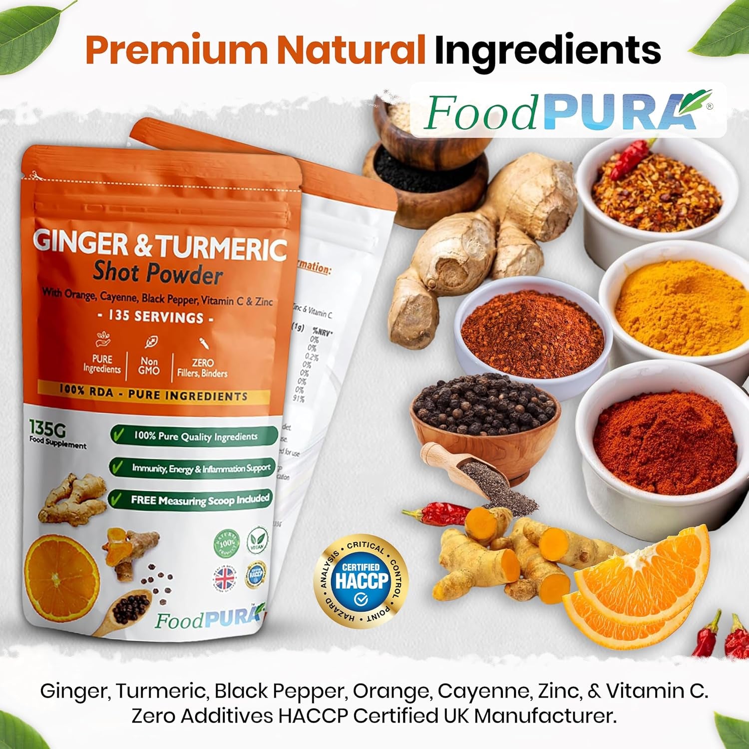 Foodpura 135G Ginger & Turmeric Shot Drink Powder 135 Servings with Orange Cayenne Black Pepper Vitamin C & Zinc 100% RDA Natural Supplement No Added Sugar Immunity Energy & Inflammation Support