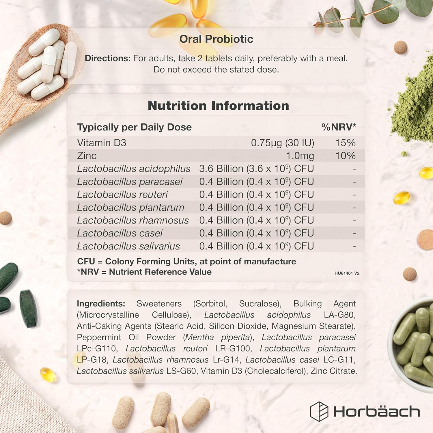 Oral Probio for Mouth 6 Billion CFU | Advanced Dental Biotics for Adults | 7 Strains Including Lactobacillus Reuteri | 60 Vegan Chewable Tablets | Mint Flavour | by Horbaach
