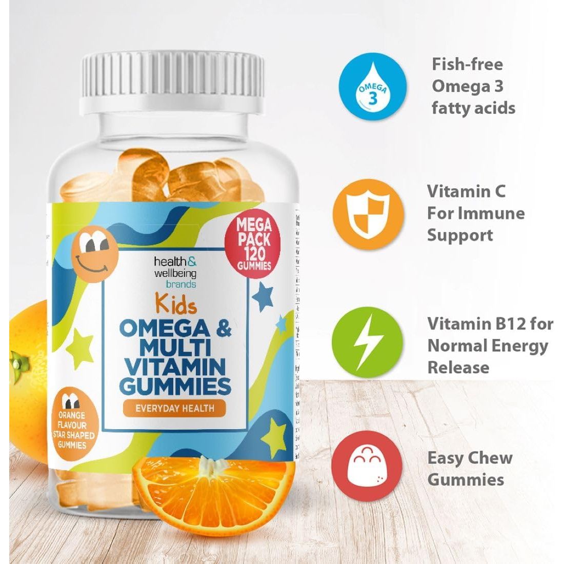 Omega 3 and Multivitamin for Children, 120 Gummies for Kids - Orange Flavour- 9 Essential Vitamins + Minerals, Vitamin C D a & B Vitamins for Children - Pack of 120 Chewable Vitamins - by Club Vits