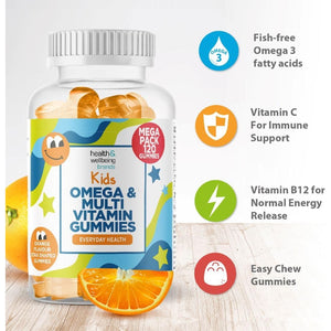 Omega 3 and Multivitamin for Children, 120 Gummies for Kids - Orange Flavour- 9 Essential Vitamins + Minerals, Vitamin C D a & B Vitamins for Children - Pack of 120 Chewable Vitamins - by Club Vits