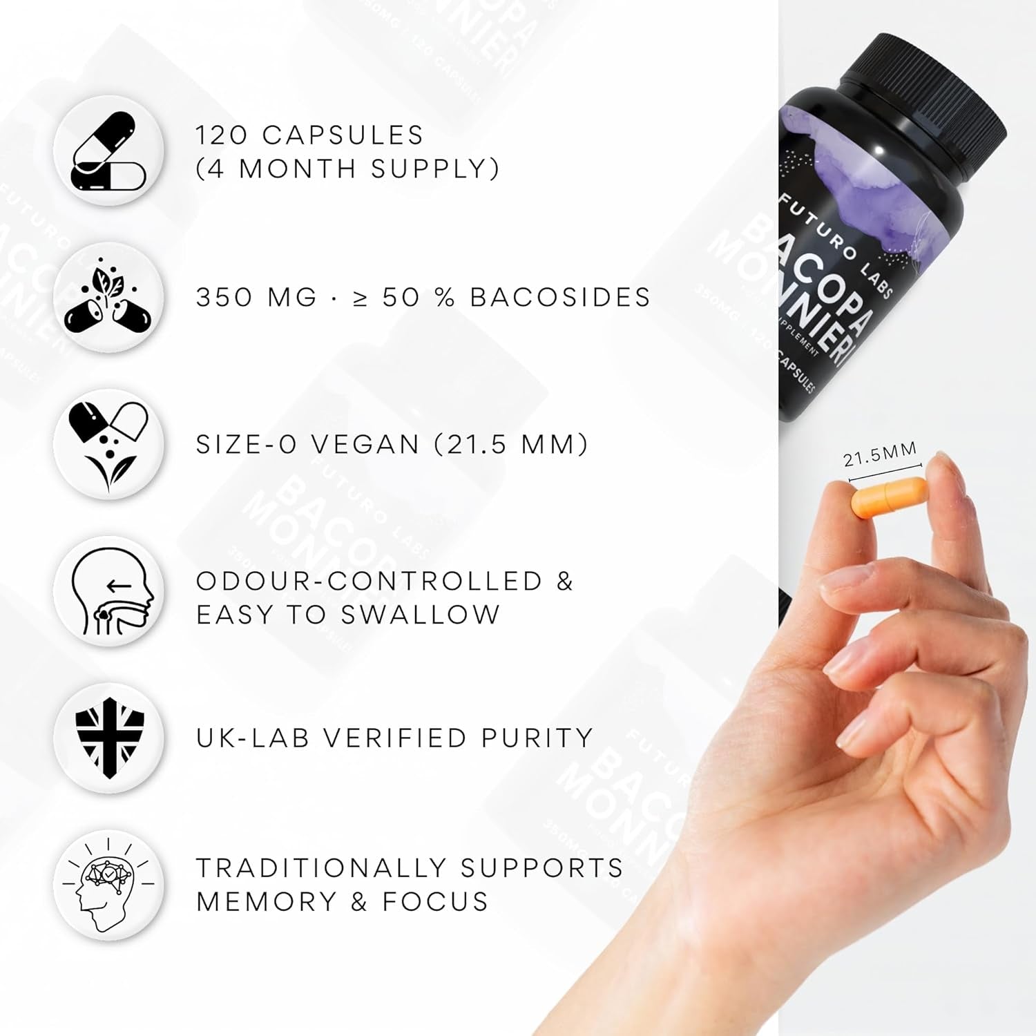 Bacopa Monnieri Capsules 350Mg - Brain/Memory Supplements - Made in the UK - 4 Month Supply - Vegan, Non-Gmo, Gluten-Free. Natural Ayuverdic Supplement Bacopa Extract