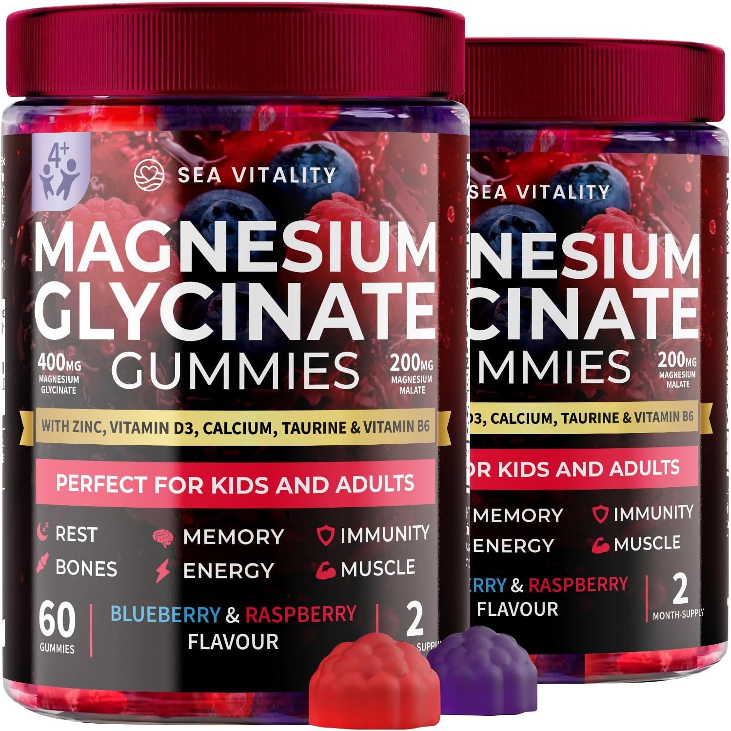 Magnesium Glycinate Gummies for Kids & Adults - High Strength Magnesium Glycinate 400Mg with Malate, Zinc, D3, B6 & Taurine – Blueberry & Raspberry Flavours – Sleep, Focus & Relaxation – 120 Chews