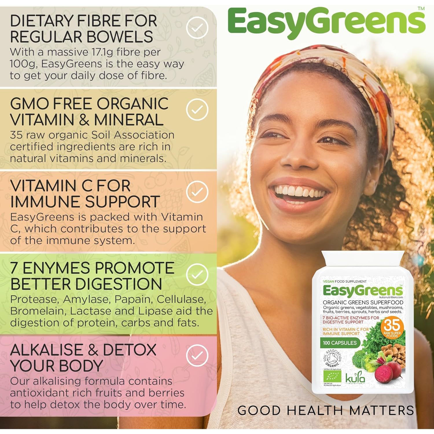 Easygreens - Organic Greens Superfood Capsules – 100 Vegan Capsules - Soil Association Certified Natural Vitamin and Mineral - 35 Raw Greens, Fruits, Vegetables, Mushrooms, Sprouts, Seeds and Herbs