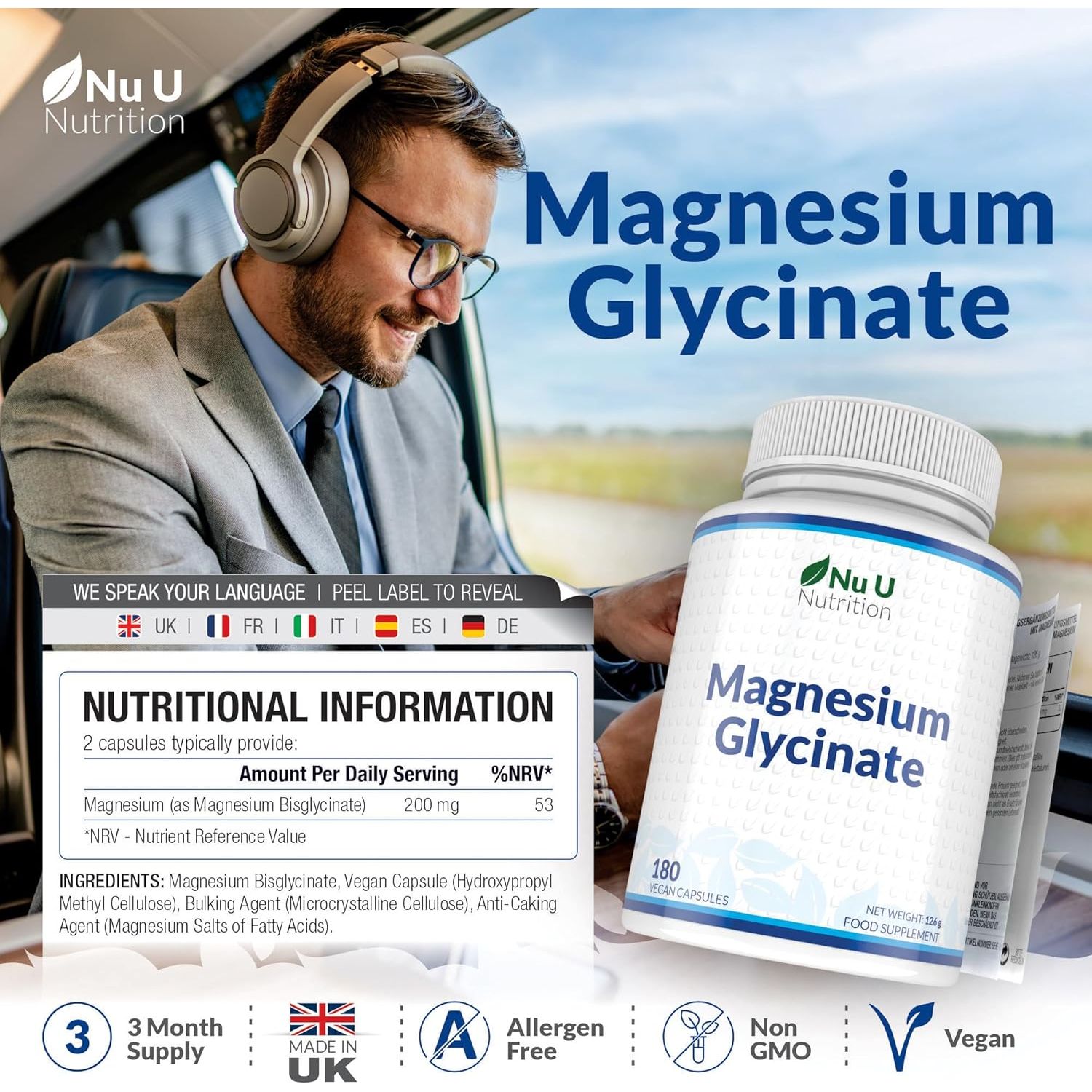 Magnesium Glycinate Supplements 1000Mg (Bisglycinate) - 180 High Strength Vegan Capsules - 3 Month Supply - Providing 200Mg of Elemental Magnesium - Made in the UK - Nu U Nutrition
